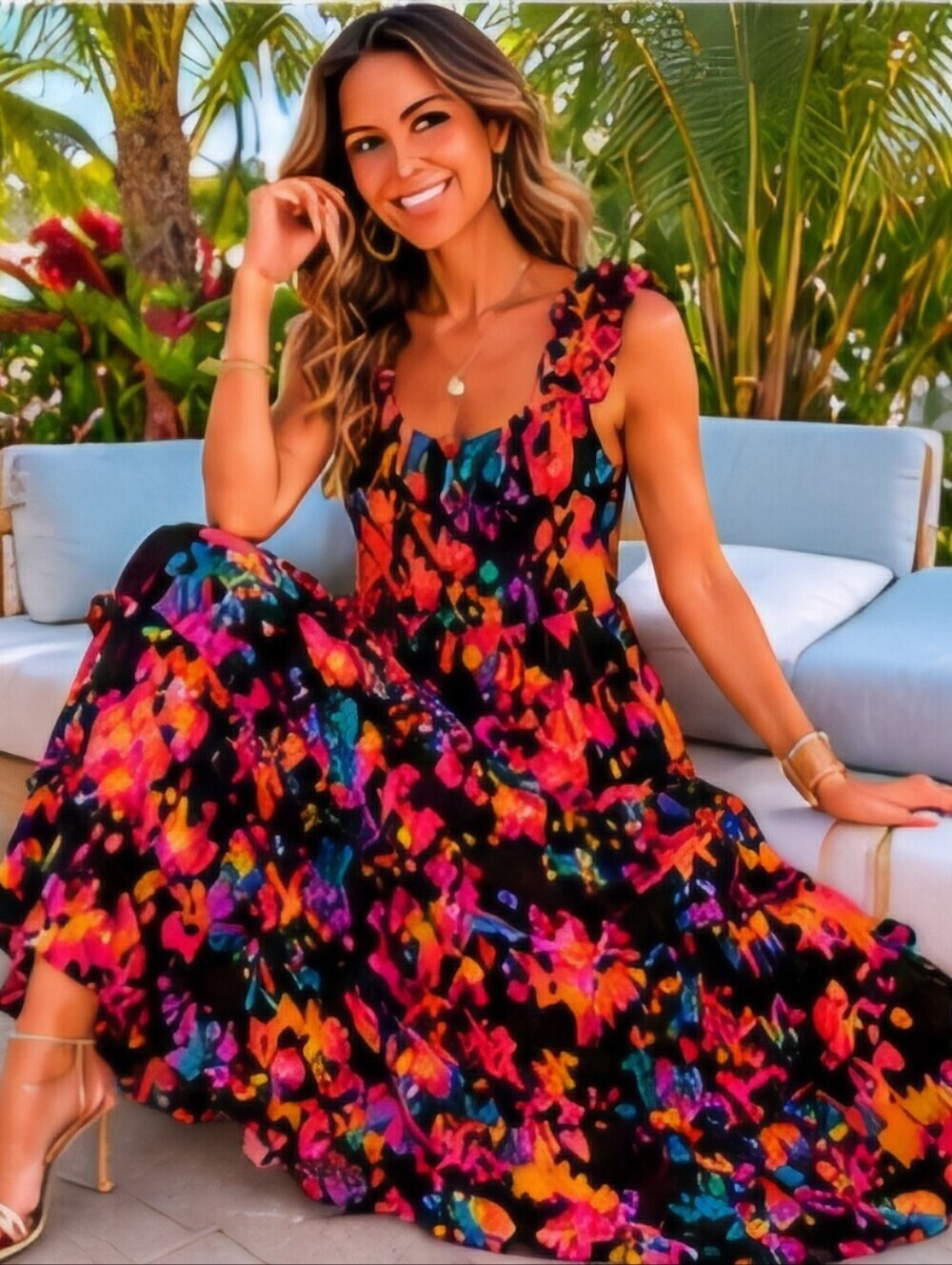 Boho prairie tier ruffle multicolor Vacay Resort Cottagecore Beach maxi dress L - Picture 12 of 15